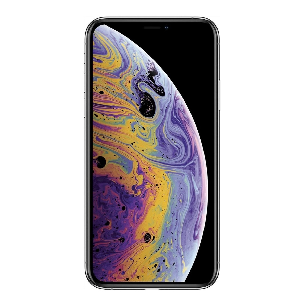 Zwarte iPhone XS Max. Vooraanzicht. Scherm toont kleurrijk abstract patroon.