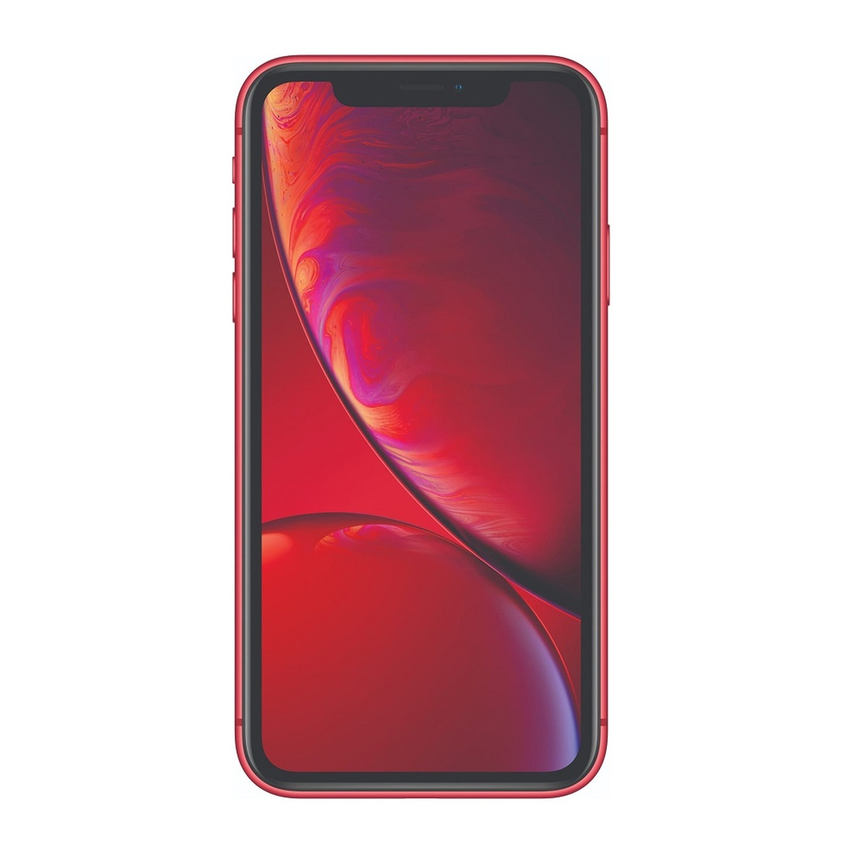 Rode iPhone, vooraanzicht. Het scherm toont een abstract ontwerp. De telefoon staat vooraan.