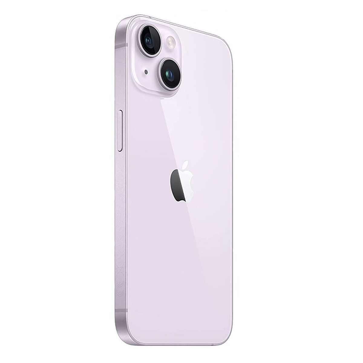 iPhone viola di lato. Mostra logo Apple, lenti della fotocamera e un pulsante laterale.