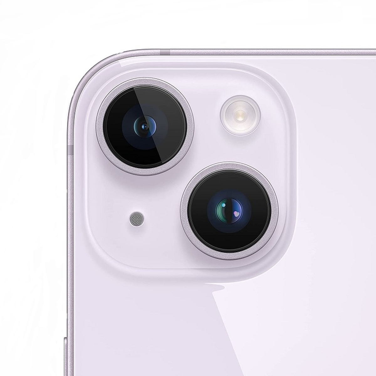 Primo piano della fotocamera di un iPhone viola. Due obiettivi, un flash, un foro.
