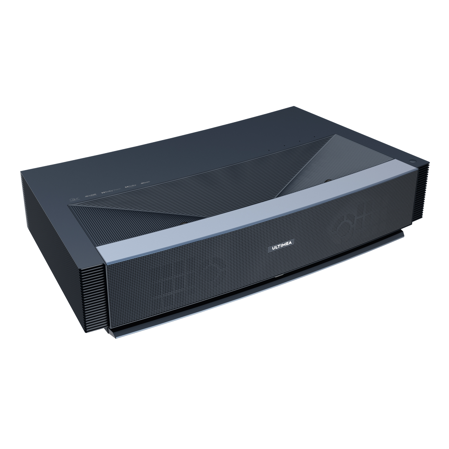 Czarny, prostokątny projektor ze srebrnym paskiem na górze, widok z boku.