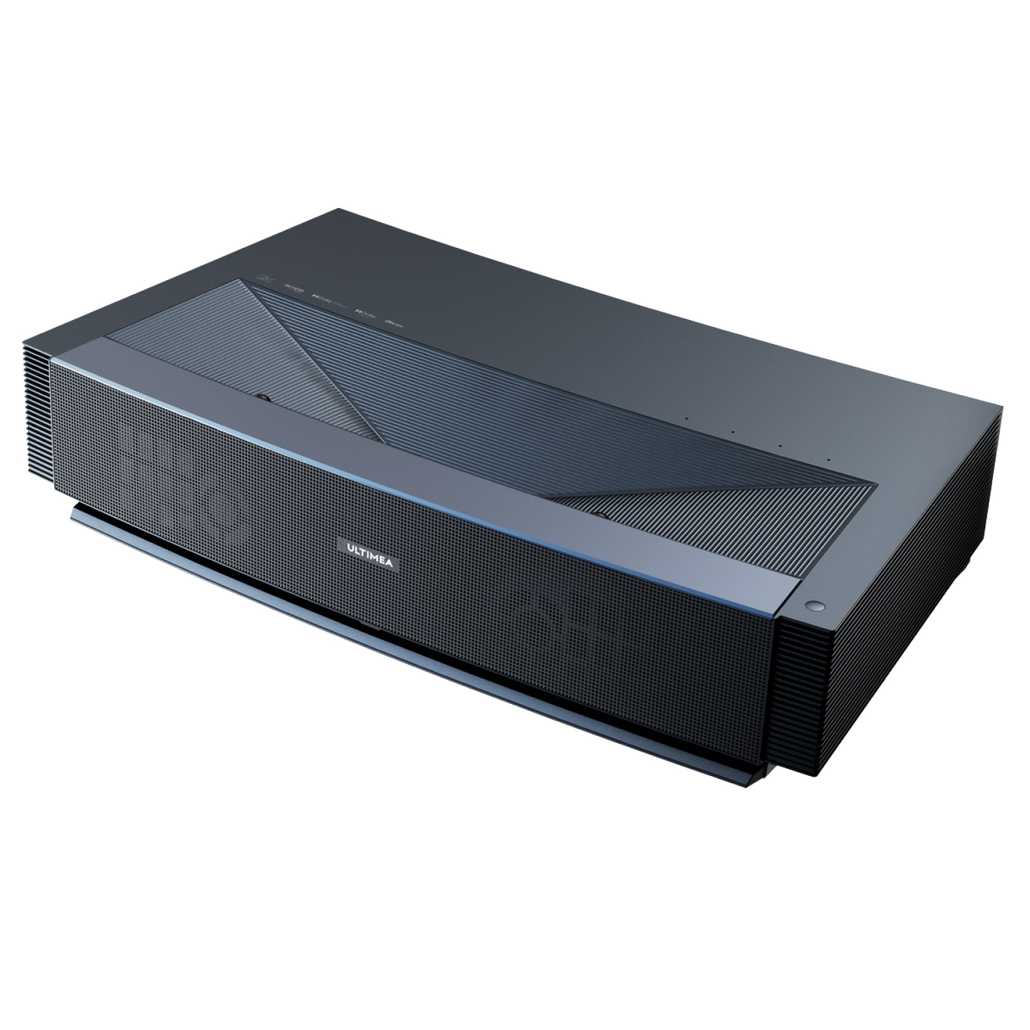 Czarny projektor o eleganckim wyglądzie, na białym tle.