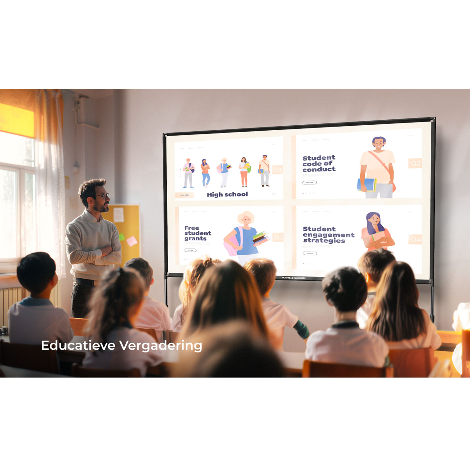 Professeur devant des élèves dans une salle de classe. Un écran affiche une présentation avec des illustrations. Texte : Réunion éducative.