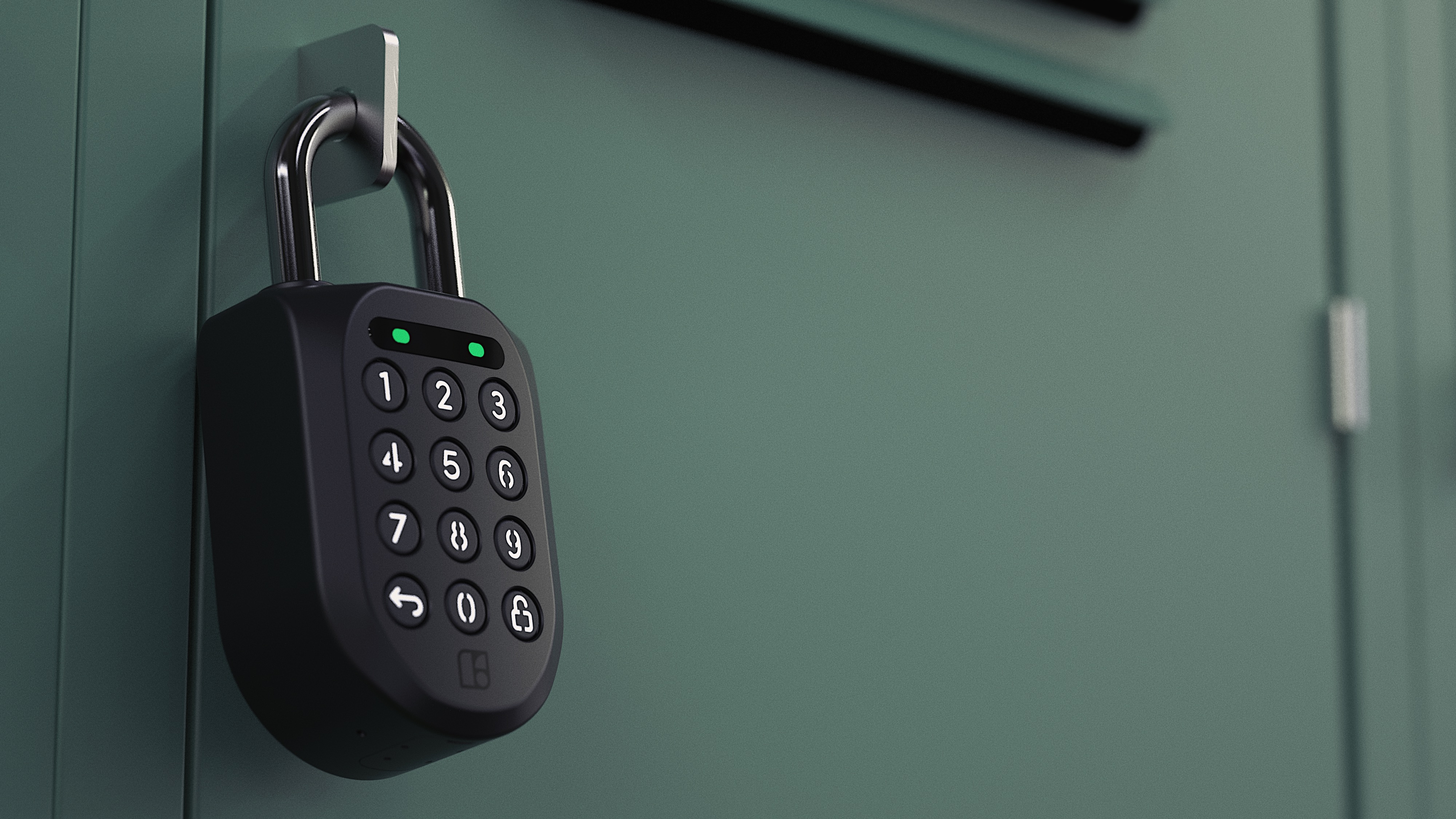 A black padlock on a green locker, with the numeric keypad facing forward.