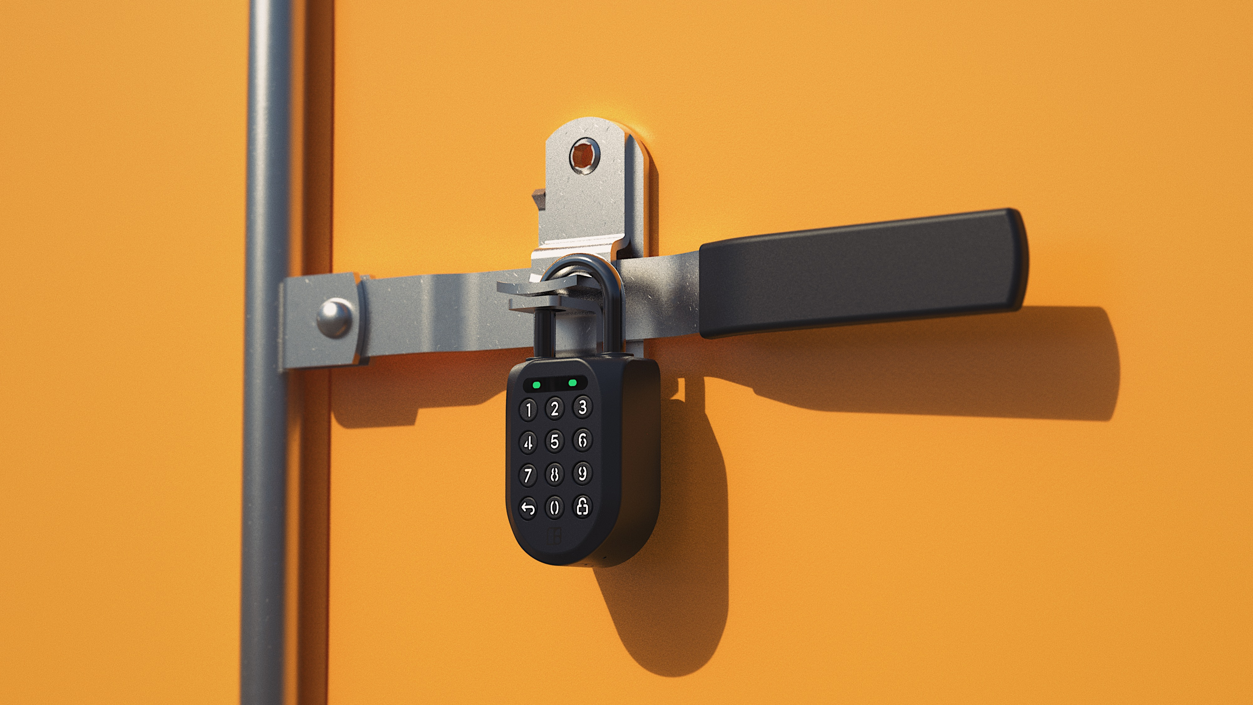 Gros plan d'un cadenas numérique noir avec des boutons numérotés sur une porte orange.