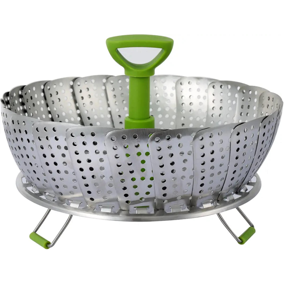 Stainless steel steamer basket with green handle and feet, ready to use.