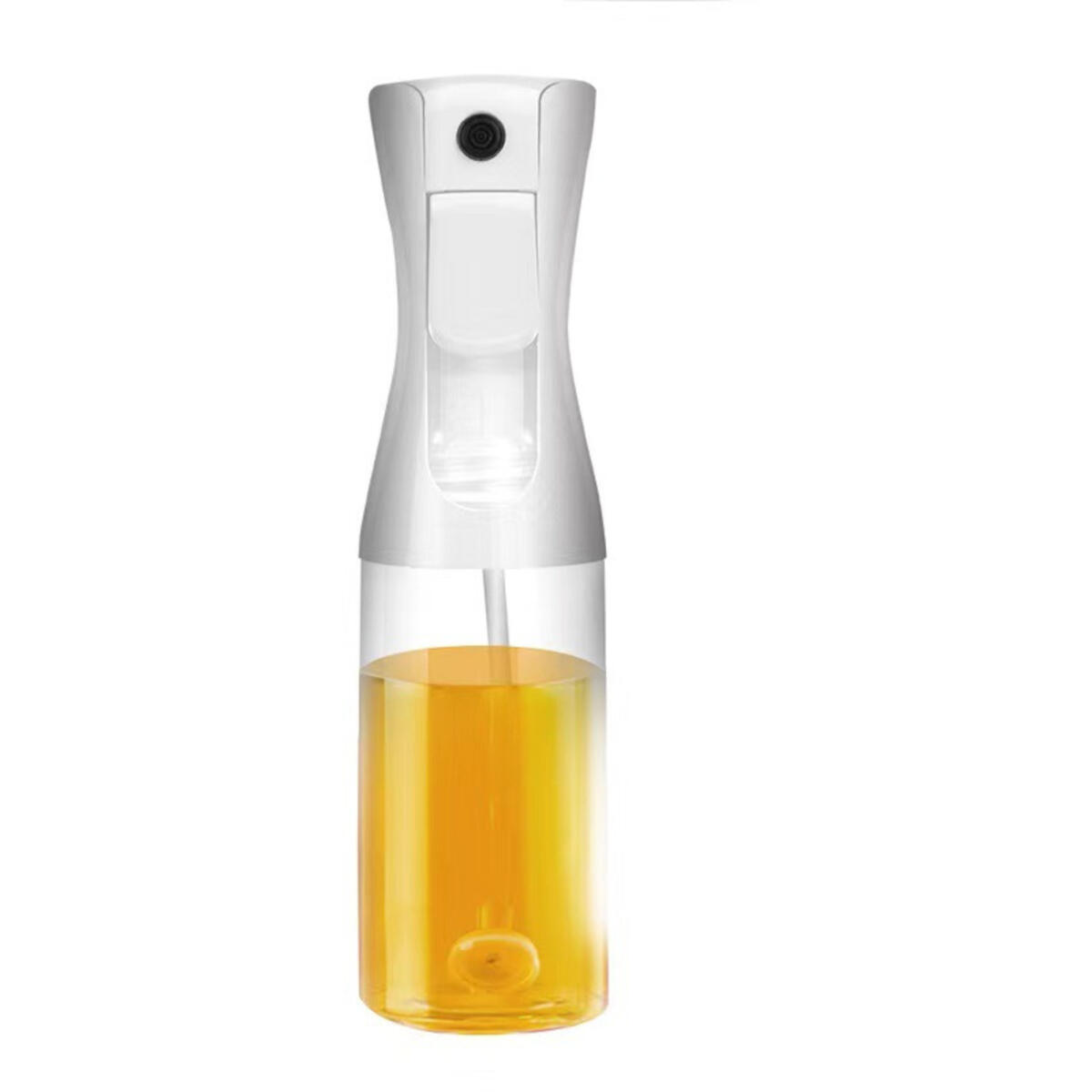White and clear oil sprayer bottle with white top containing yellow oil.