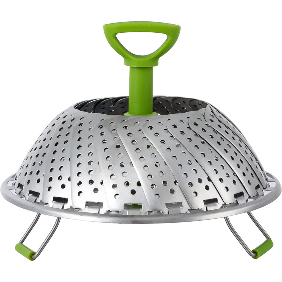 A stainless steel steamer basket, expanded, with a green handle and feet.