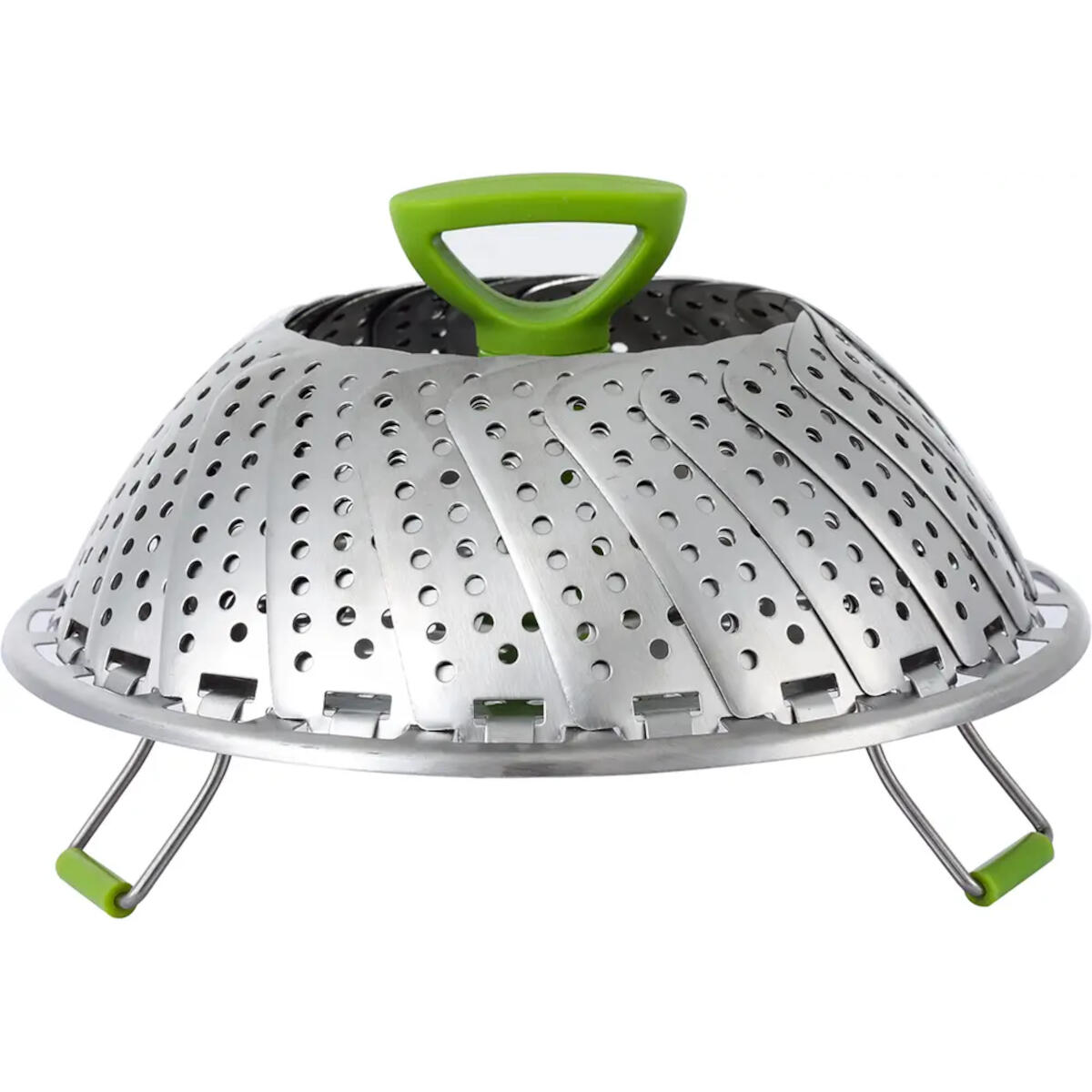 A stainless steel steamer basket, expanded, with a green handle and legs.