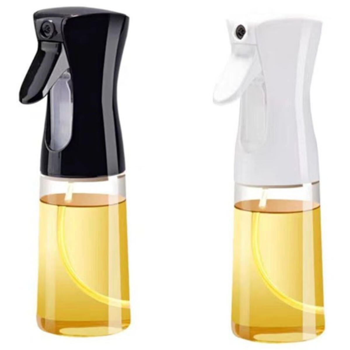Two oil spray bottles, one black and one white, both filled with yellow oil.