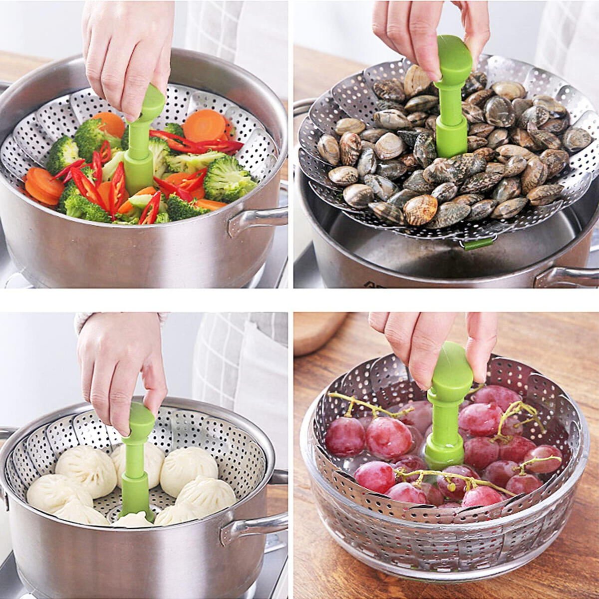 Collage shows a steaming basket in pots with vegetables, clams, dumplings, and grapes.