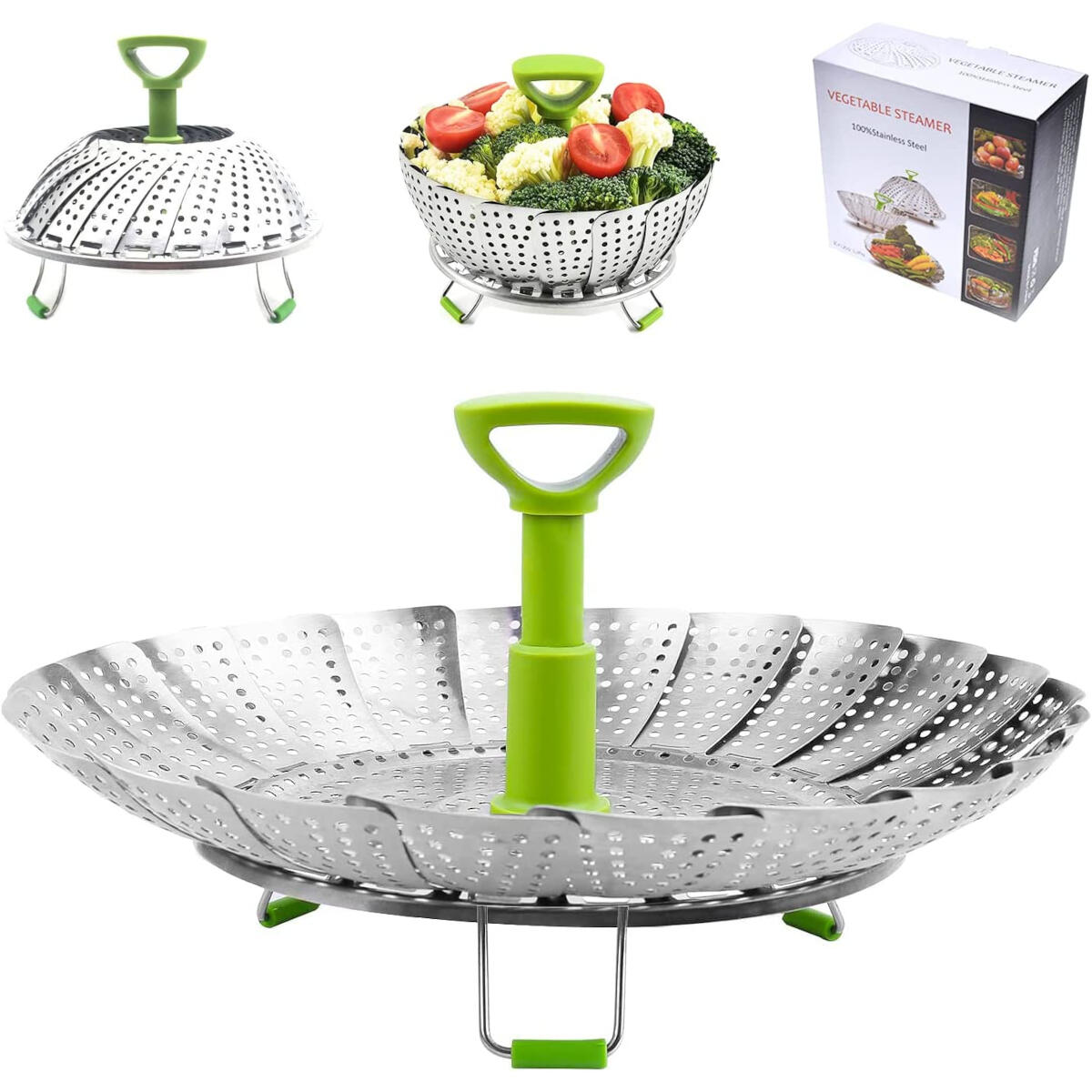 A foldable stainless steel vegetable steamer with a green handle. A box with the steamer.
