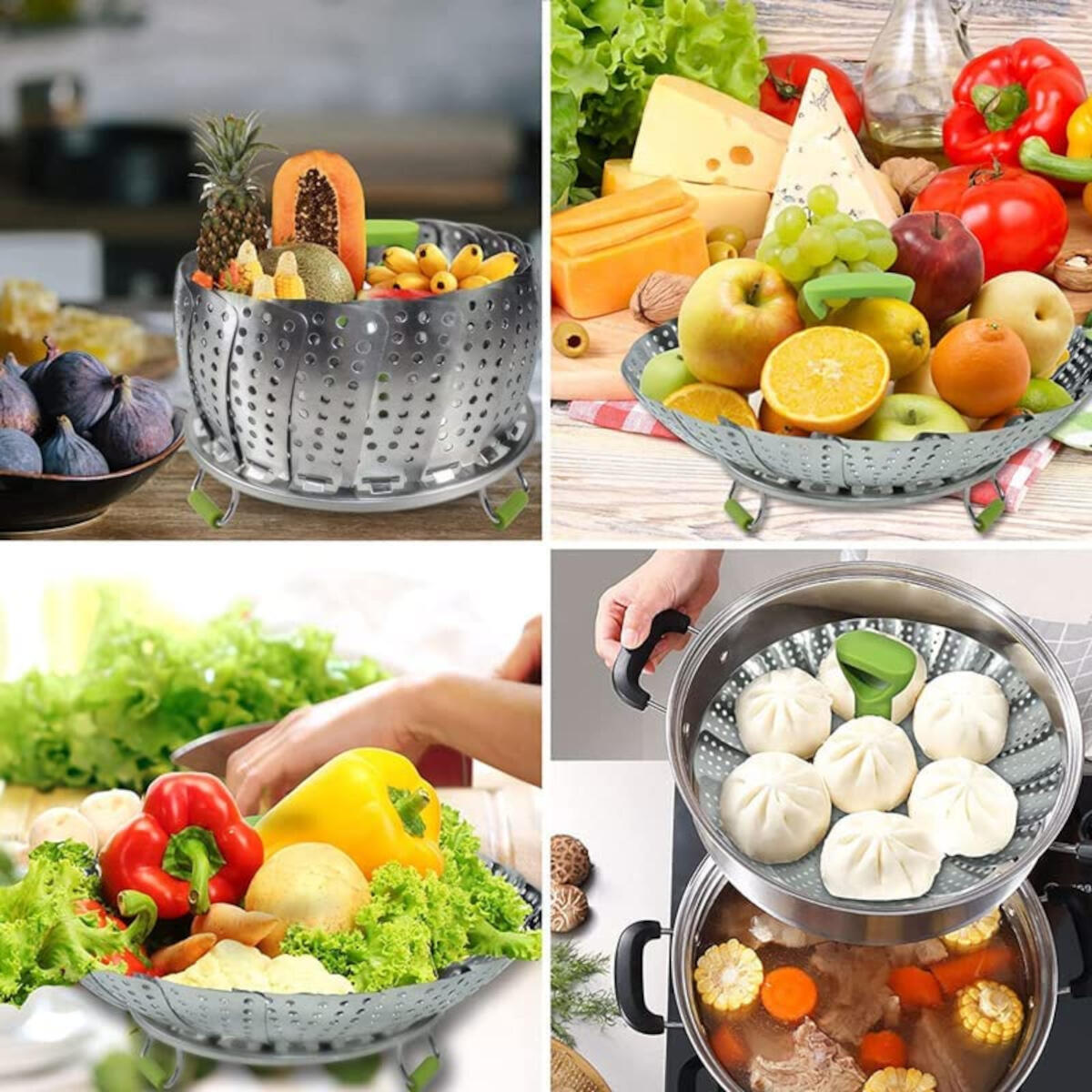 Collage of fruits and vegetables in the steamer basket. Steamed dumplings in pot. Vegetables in pot.