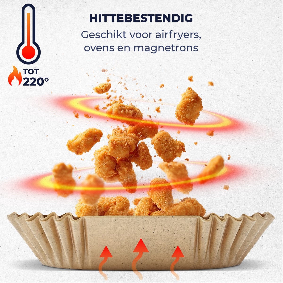 Chicken nuggets in a paper tray with arrows indicating heat. Text: suitable for air fryers, ovens, and microwaves.