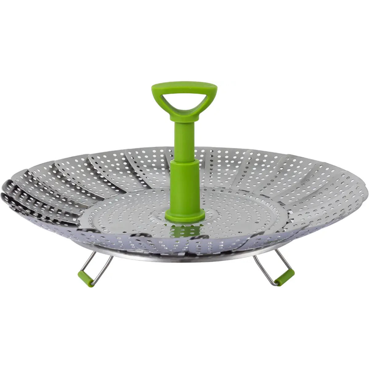 A round stainless steel steamer with a green handle and legs, viewed from the top. White background.