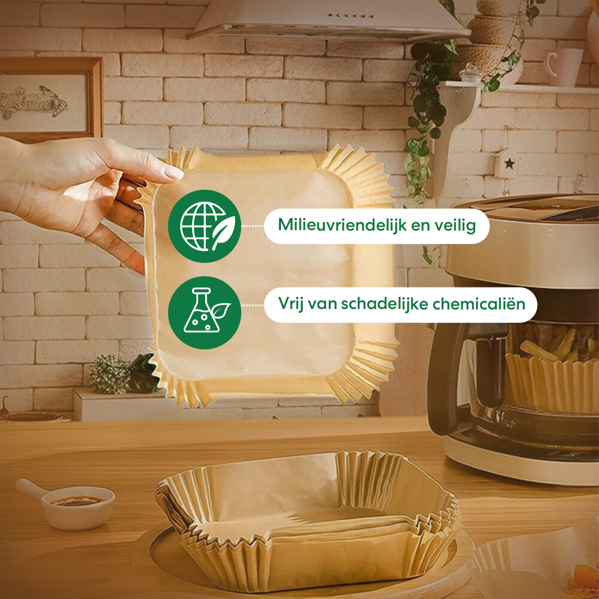 A hand holding a paper tray. Text: environmentally friendly and safe, free of harmful chemicals. Kitchen.