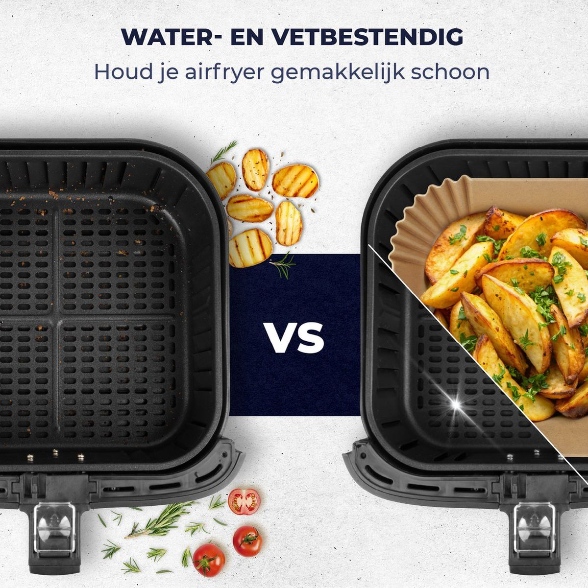 Two air fryers with food, one with a paper liner. Text: Water- and grease-resistant. Keep your air fryer clean.