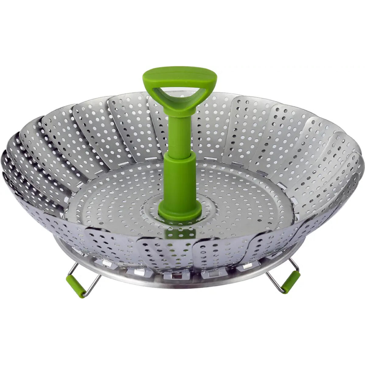 Stainless steel steamer with green handle and legs, from a slightly elevated angle. White background.