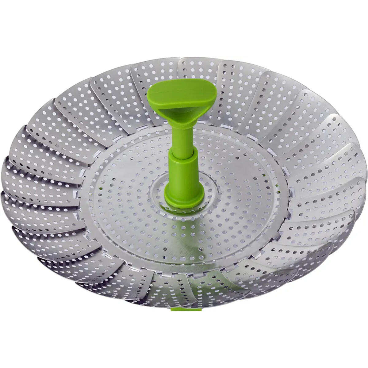A top-down view of a stainless steel steamer with a green handle. White background with perforations.