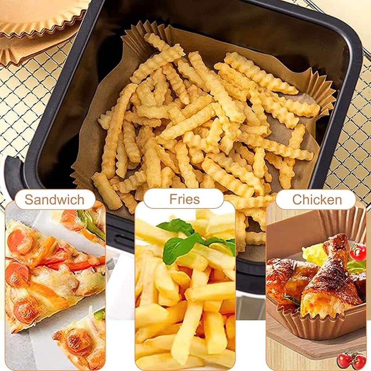 Fries, sandwich, and chicken in paper liners. Close-up of food in air fryer. Three different images.