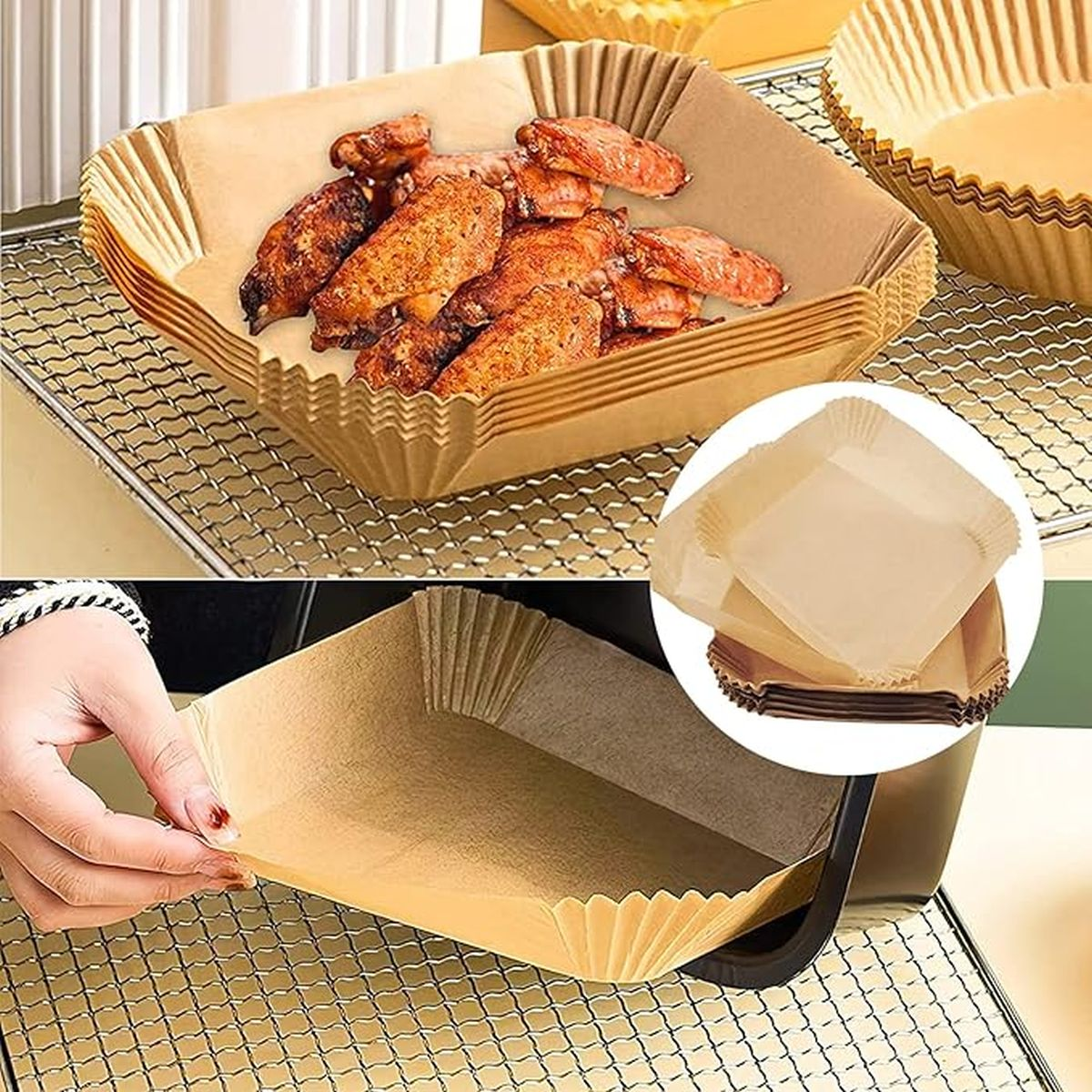 Chicken wings in paper tray. A hand places the tray. Stack of trays. Various uses of the paper tray.