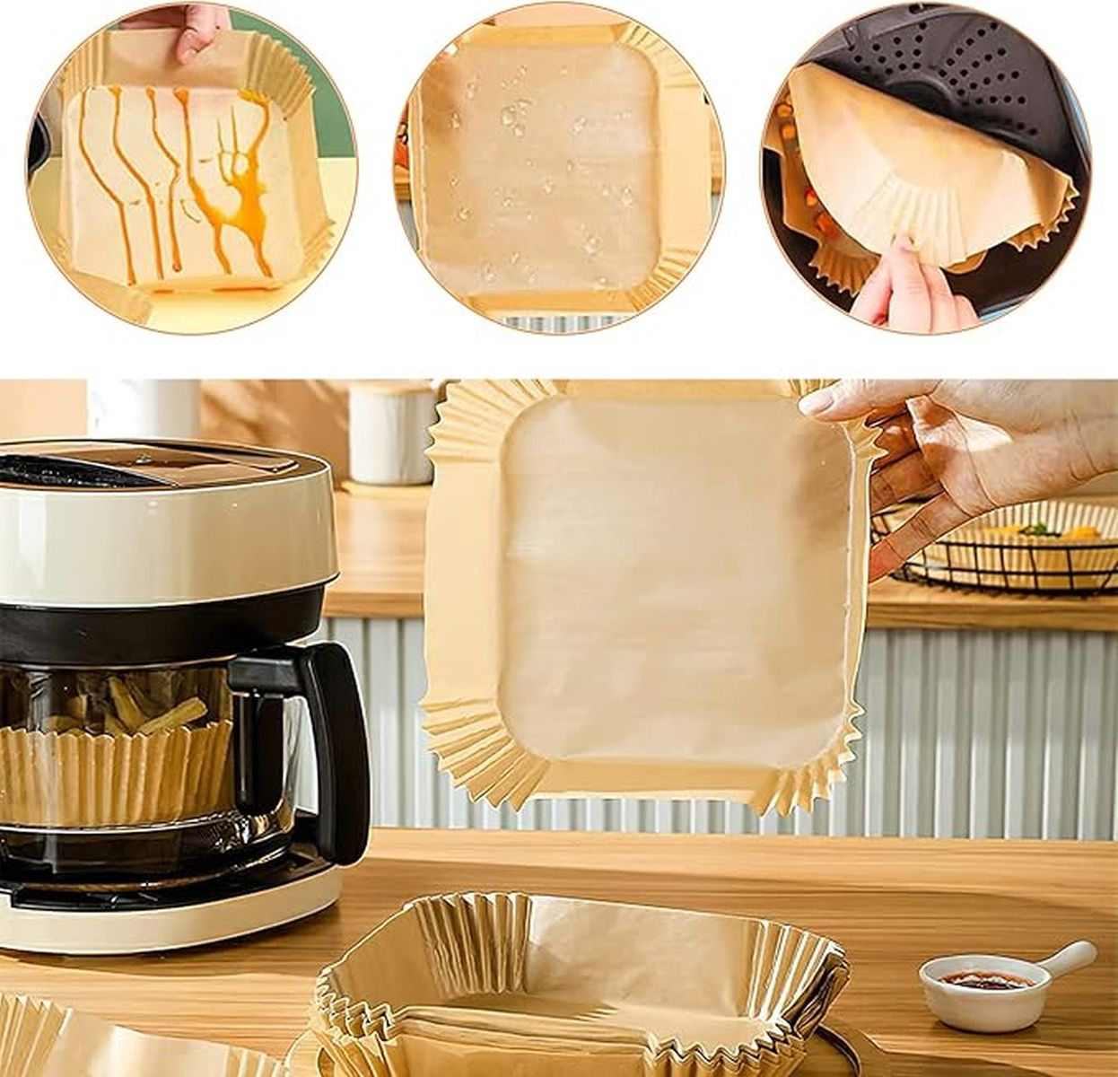 Paper trays with oil. Close-up of trays. Paper trays in a coffee maker. Various views of paper trays.