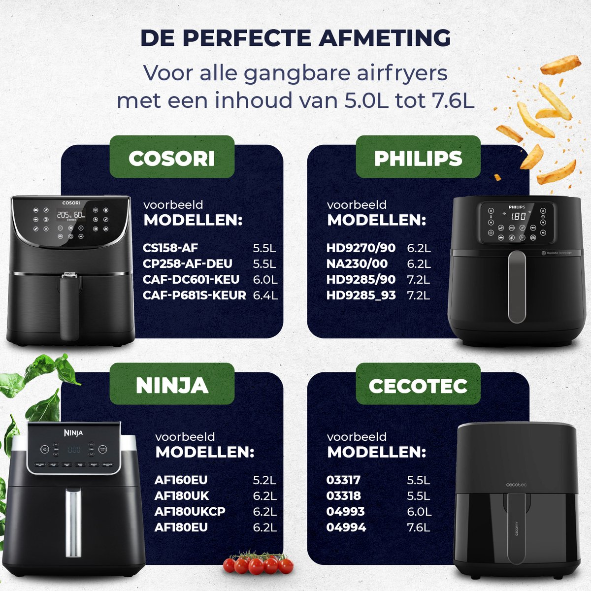 Air fryer models from Cosori, Philips, Ninja, and Cecotec. Model names and sizes are displayed.