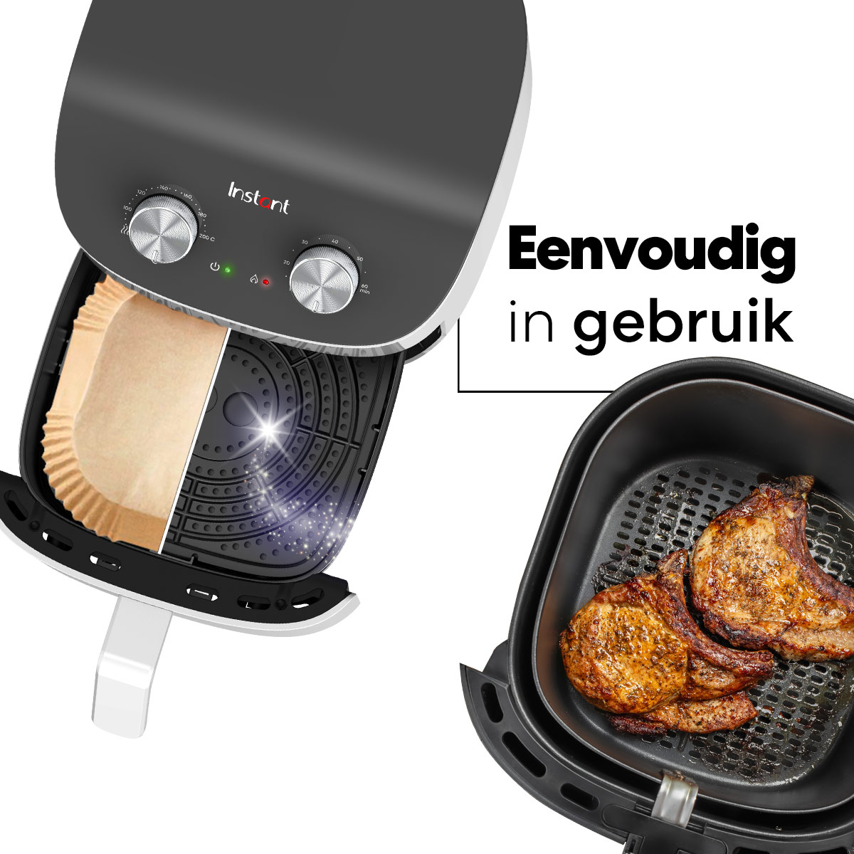 An air fryer with a removable basket containing food, next to a basket of cooked pork.