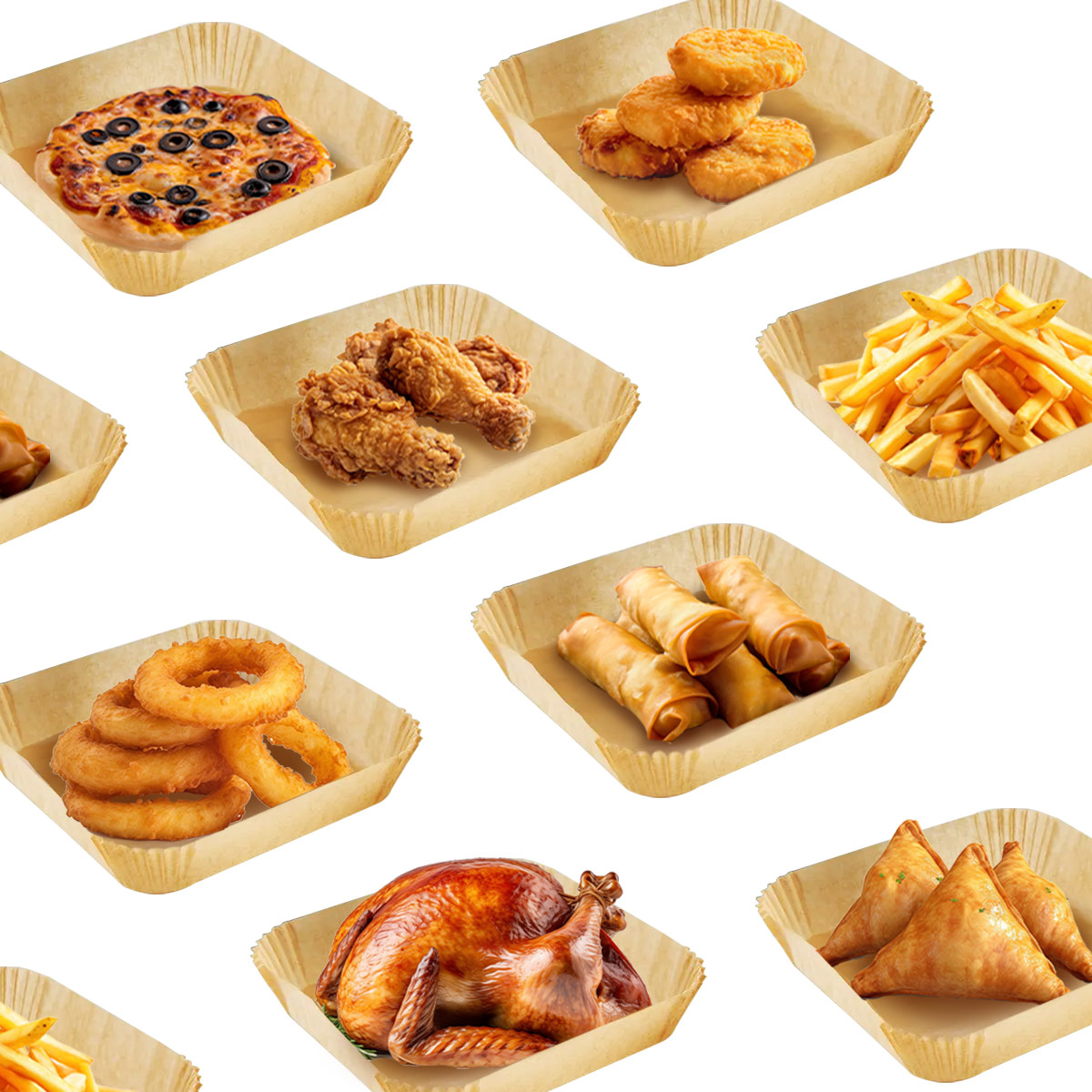 Selection of foods in parchment paper bowls on white: pizza, chicken, turkey, and fries.