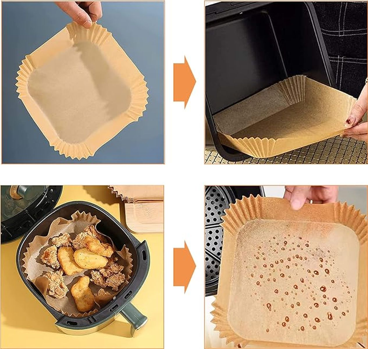Quatre images démontrant l'utilisation de doublures en papier dans une friteuse à air, montrant les étapes.