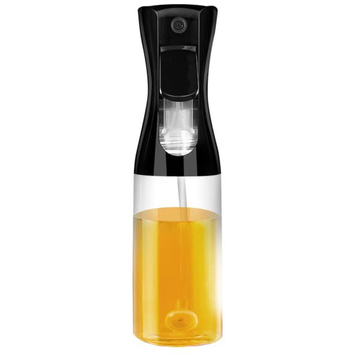 A clear spray bottle with a black nozzle, filled with yellow oil, set against a white backdrop.