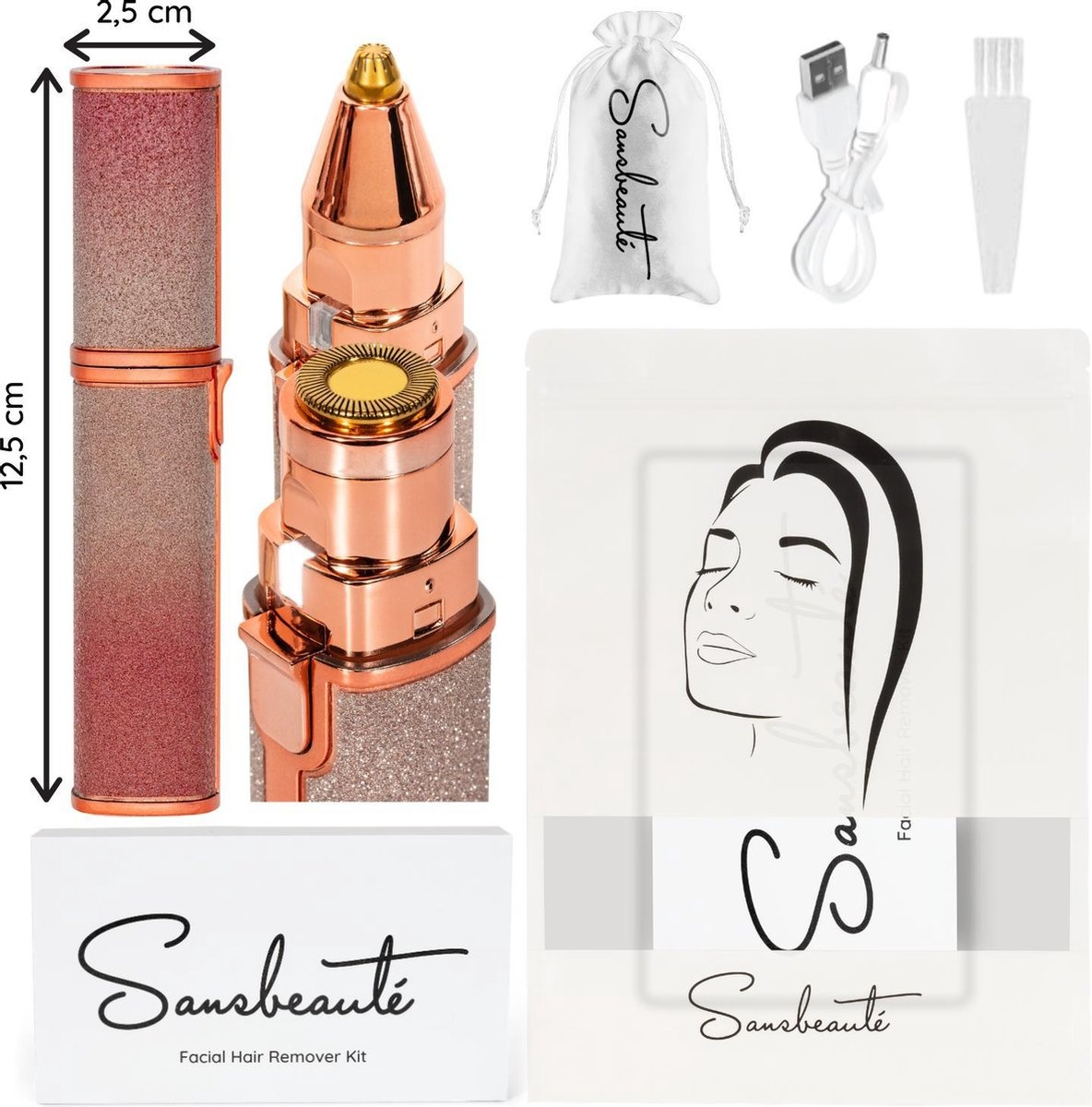 Gesichtshaarentferner-Set. Roségoldfarben. Weißer Hintergrund.