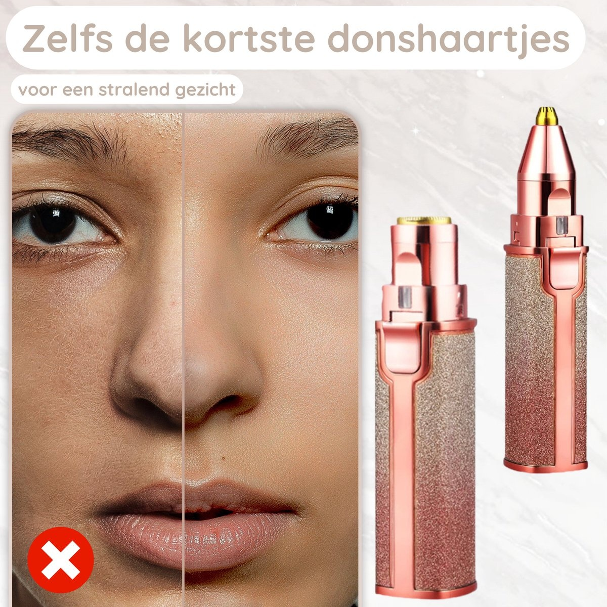 Gesichtsvergleich, eine Seite mit Haaren, die andere glatt. Zwei Haarentfernungsgeräte.