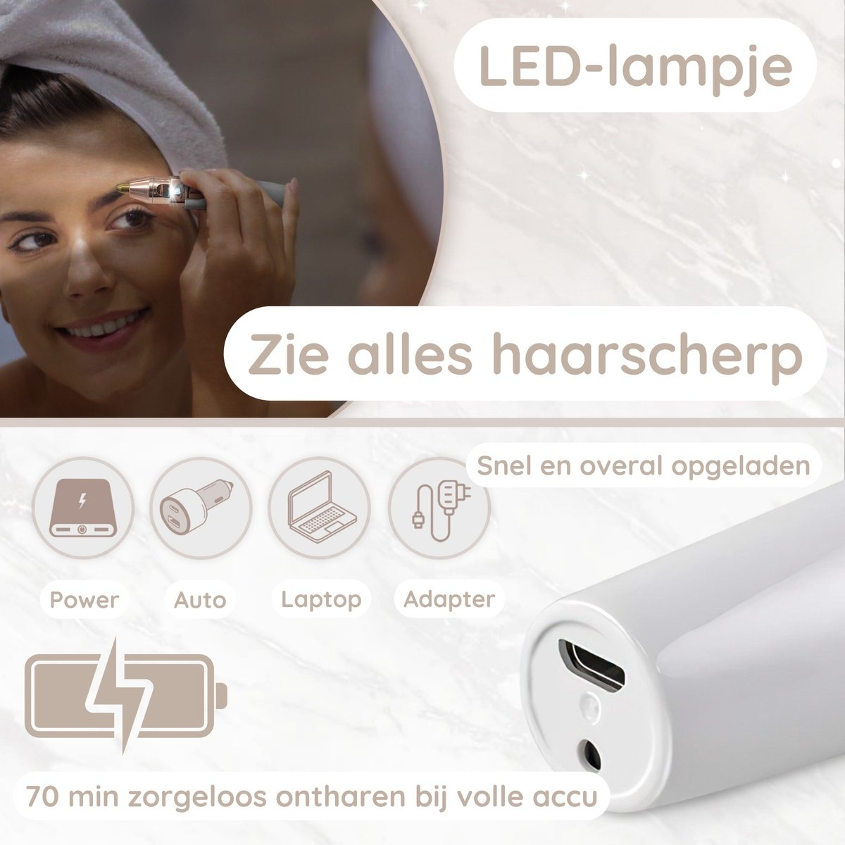 Woman using an eyebrow hair remover. Various icons like power, laptop, and charger are shown.