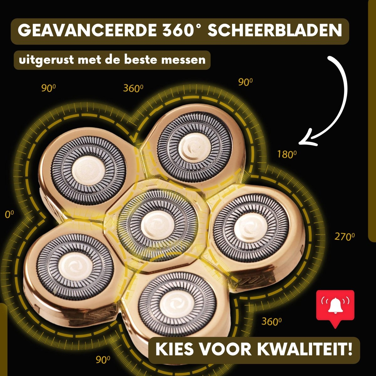 Nahaufnahme der Klingen eines Elektrorasierers. Goldene Farbe, sechs Klingen. Text und Pfeile zeigen auf Klingen.