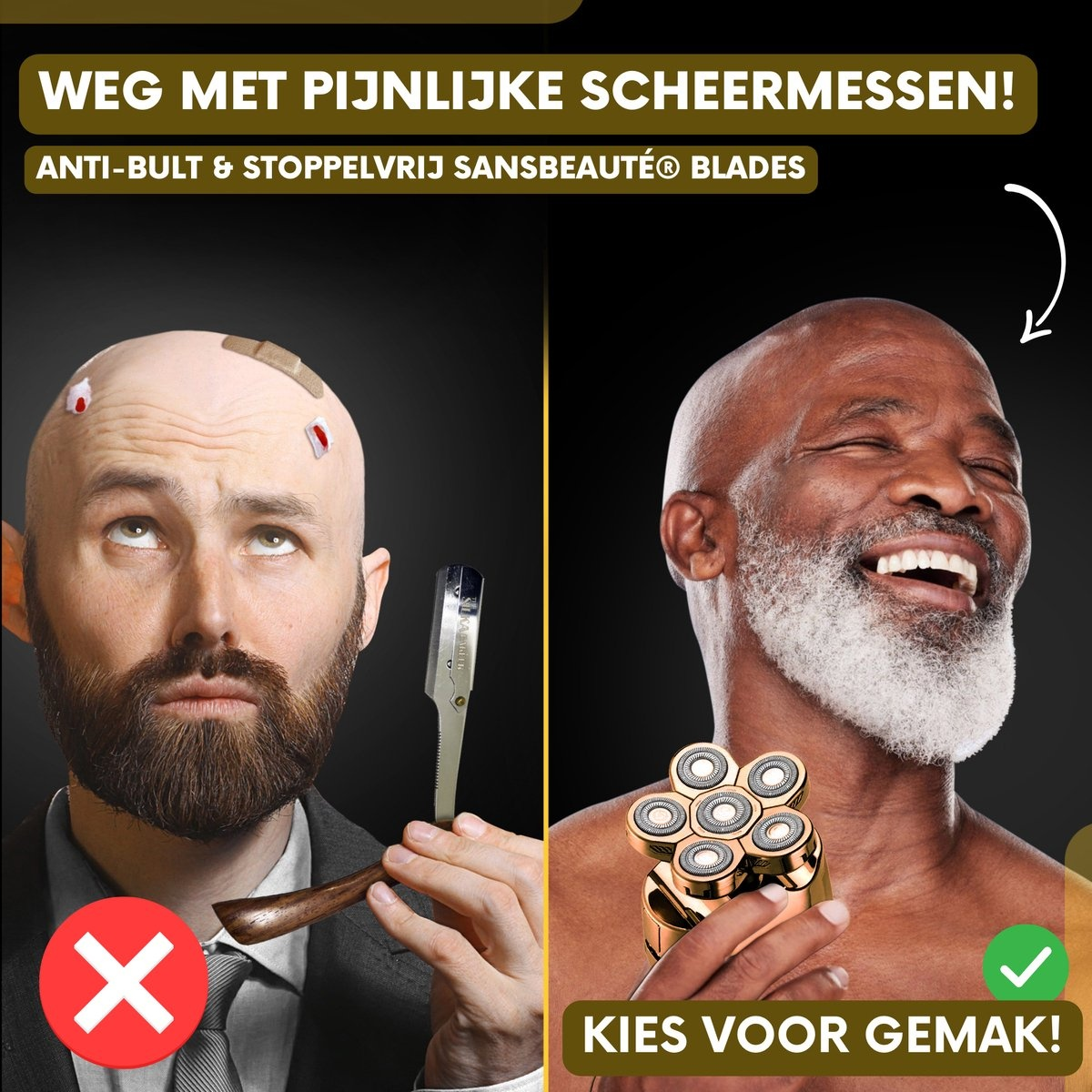 Bild vergleicht Rasurmethoden. Links: alte Methode mit Rasierer. Rechts: neue Methode mit goldenem Rasierer.