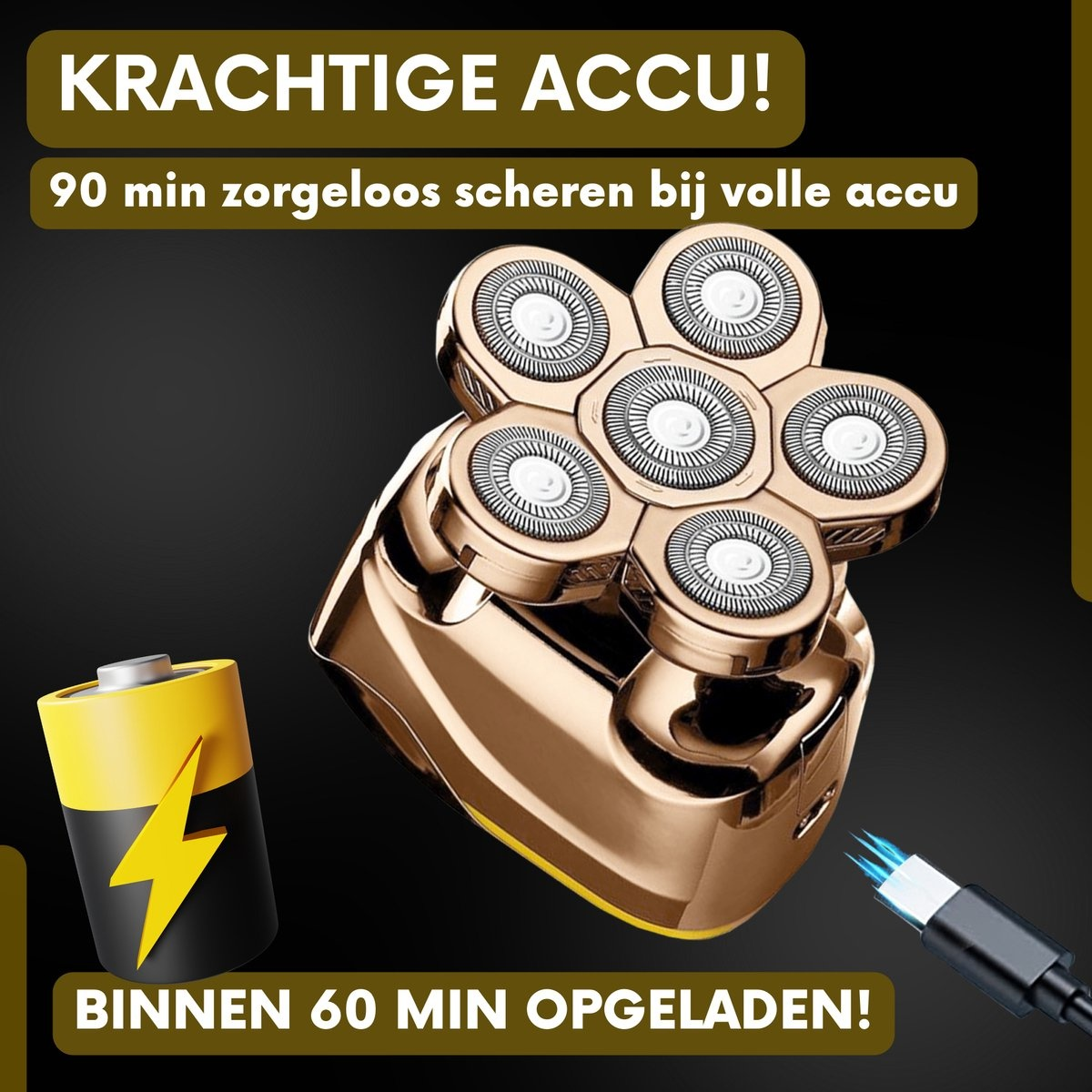 Ein goldener Elektrorasierer mit einem gelben Batteriesymbol und Text, vor dunklem Hintergrund.