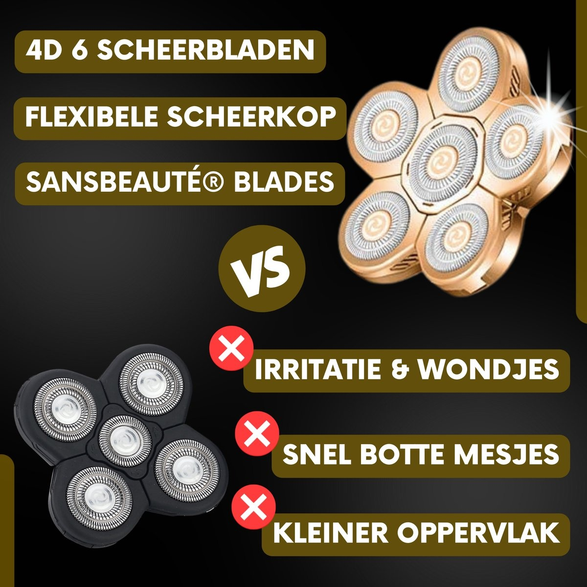 Ein Vergleichsbild von Rasierköpfen: ein neuer goldener Kopf und ein gebrauchter schwarzer Kopf, mit Text und roten Kreuzen.