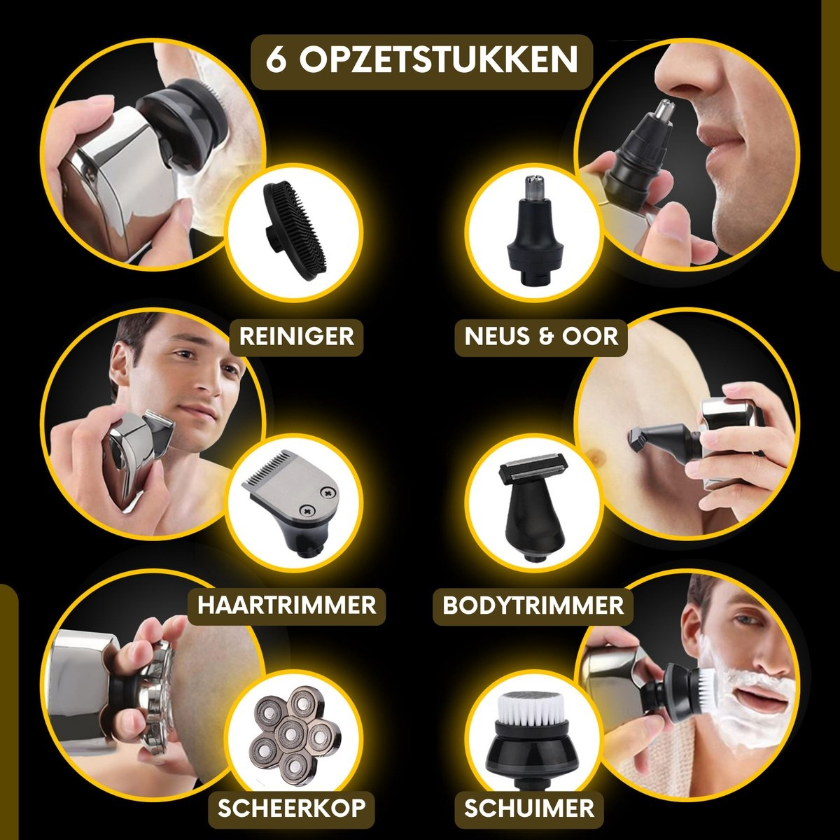 An image shows a man using a facial hair trimmer with 6 attachments.  The background is a black and gold gradient.