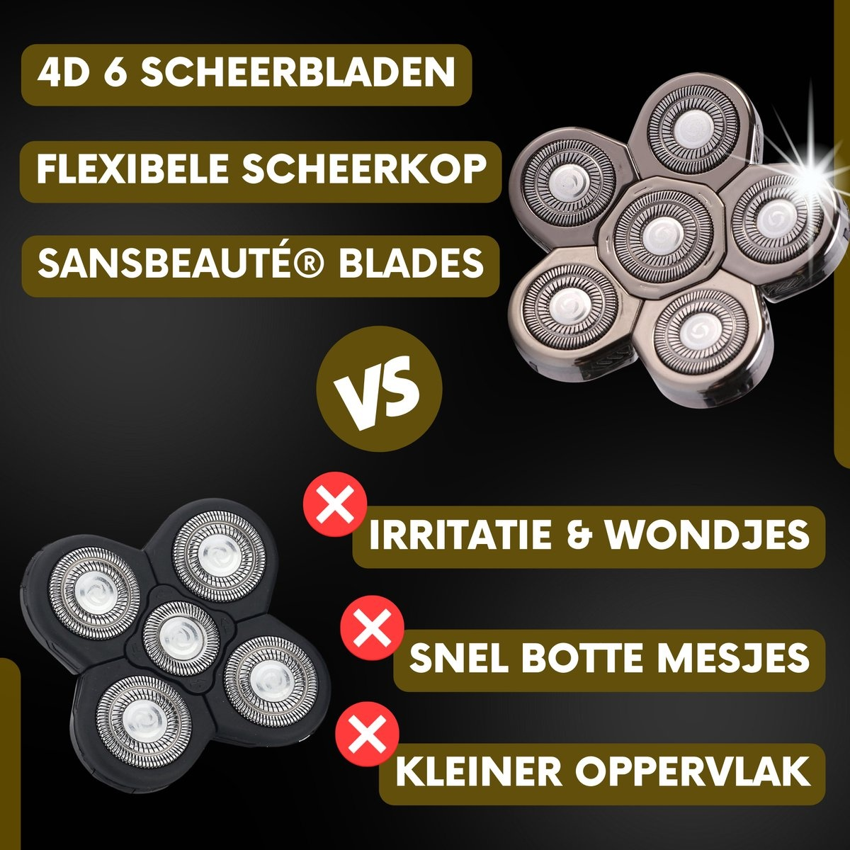 Shaving heads comparison with text: 4D blades, flexible head, and Sansbeauté blades vs. irritation.