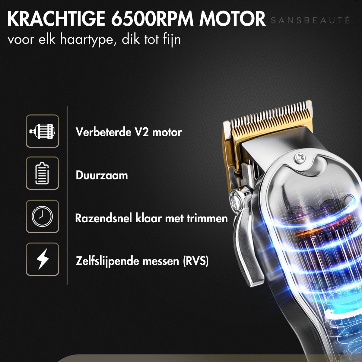 Close-up of a hair trimmer with various features. Includes the motor, durability, and self-sharpening blades.