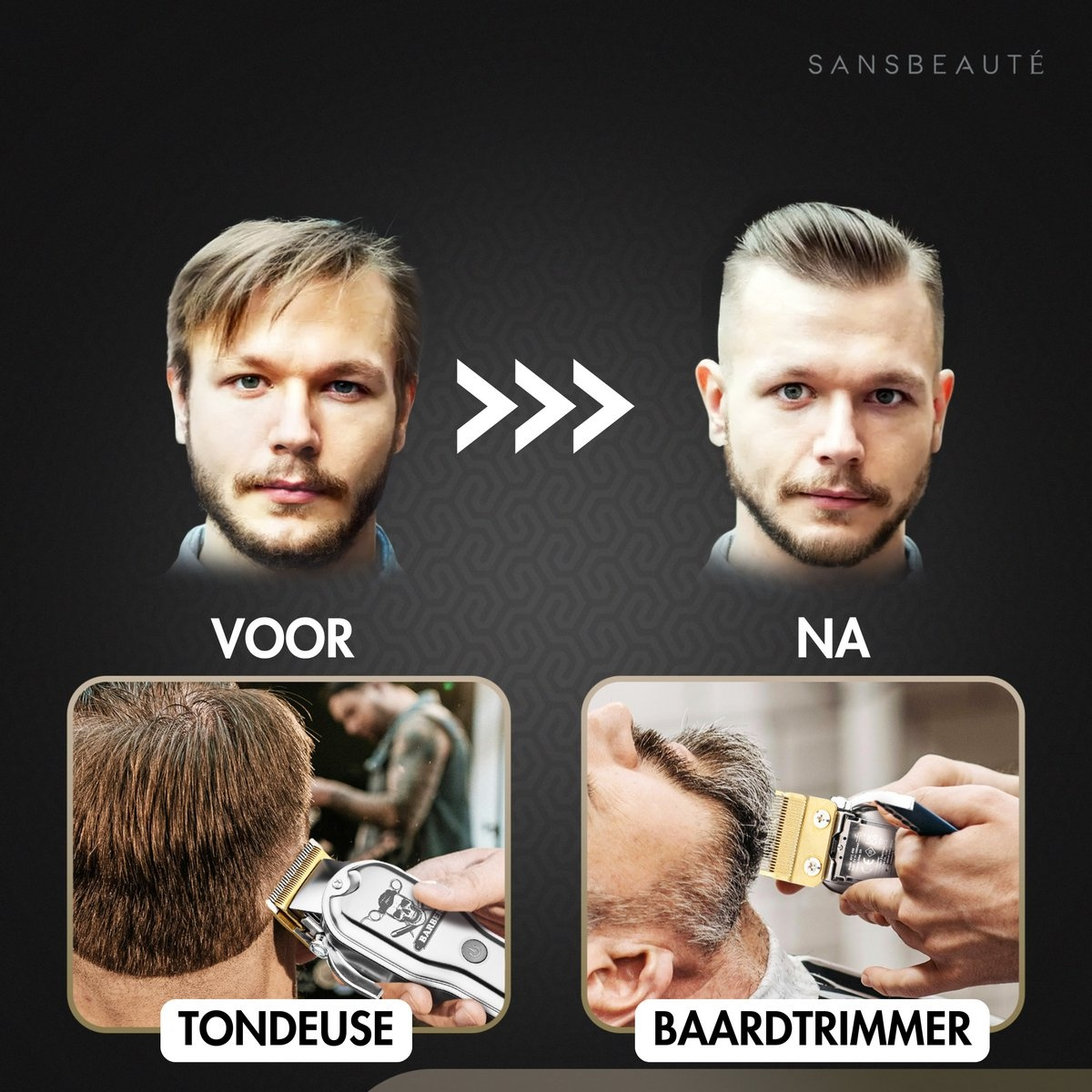 Een voor-en-na-afbeelding van het kapsel van een man, met een tondeuse en een baardtrimmer in gebruik.