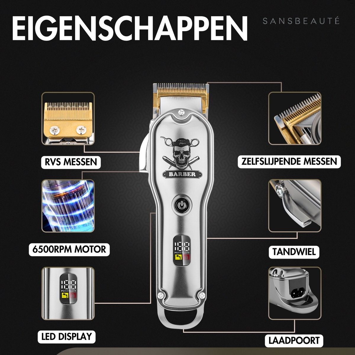 Close-up van een zilveren tondeuse met gelabelde onderdelen en een diagram met de motor en het mesontwerp.