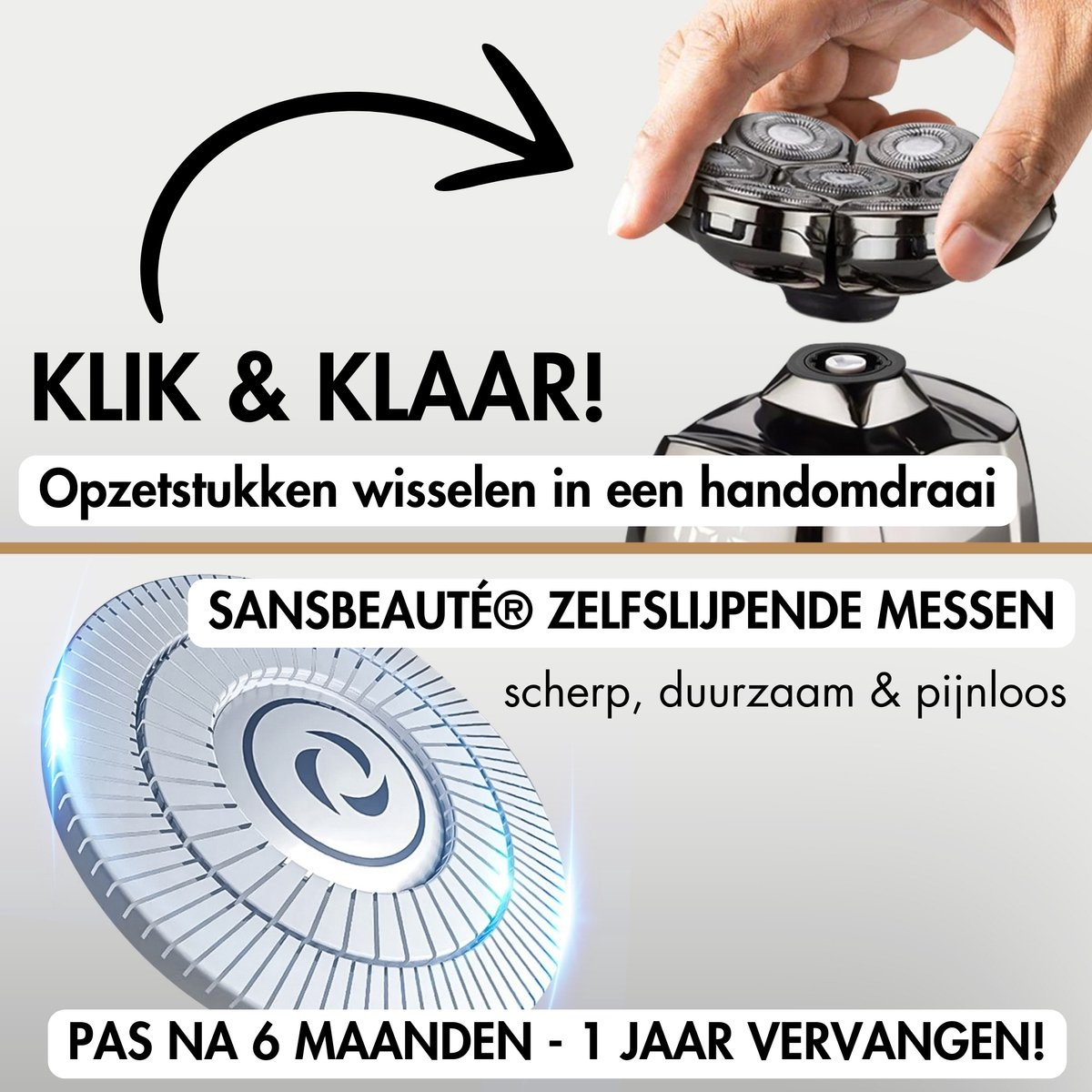 Close-up of a shaver with text in Dutch: 'Click & Ready!' and 'Replace after 6-12 months'.