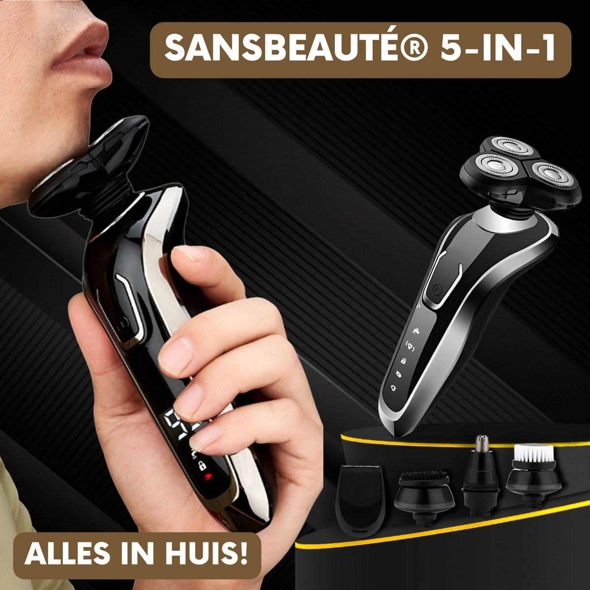 Zwei elektrische Rasierer und Zubehör, einer wird von einer Hand gehalten. Text sagt "5-IN-1".