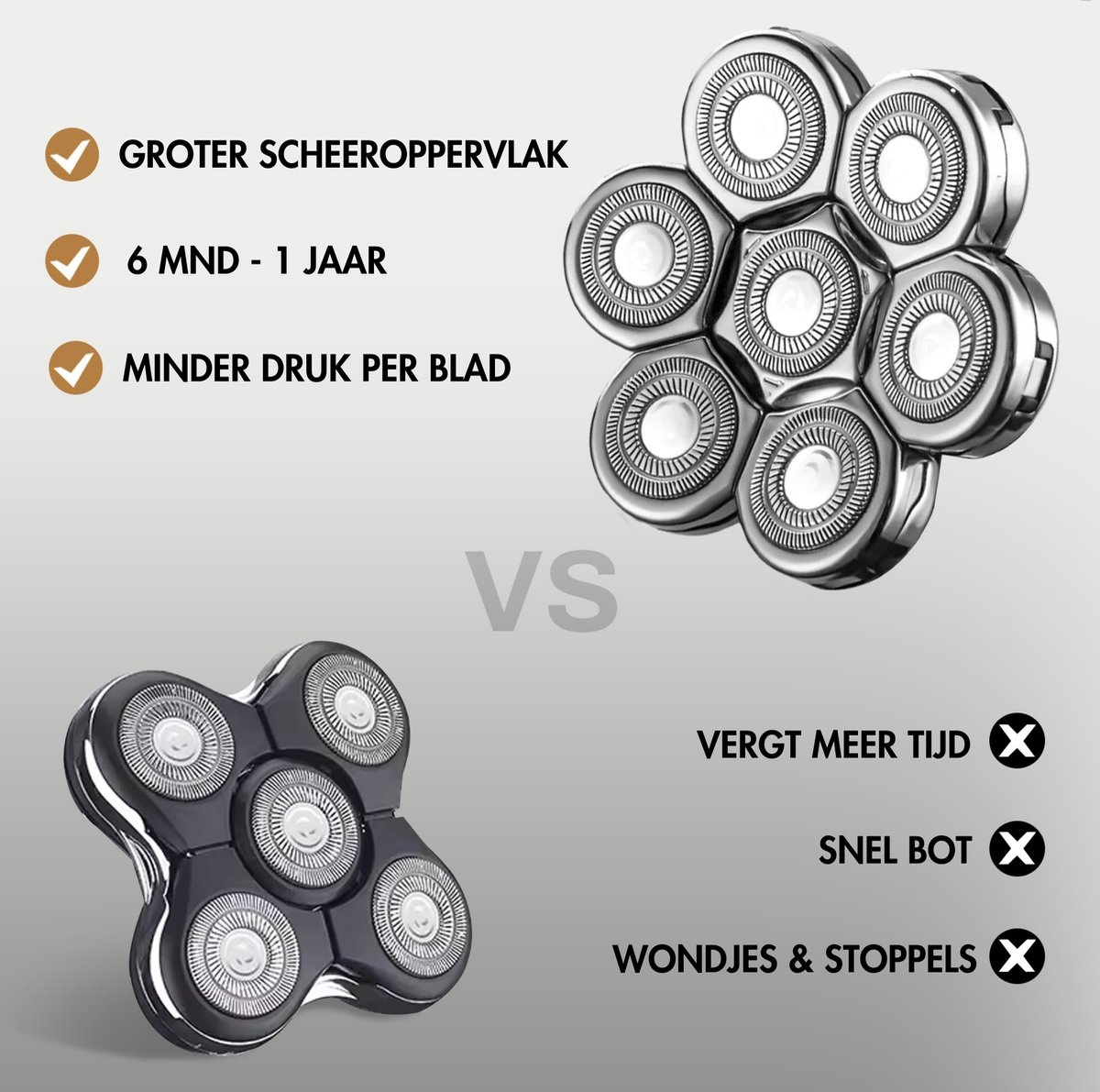 Two electric shaver heads, one with seven blades, the other with six.