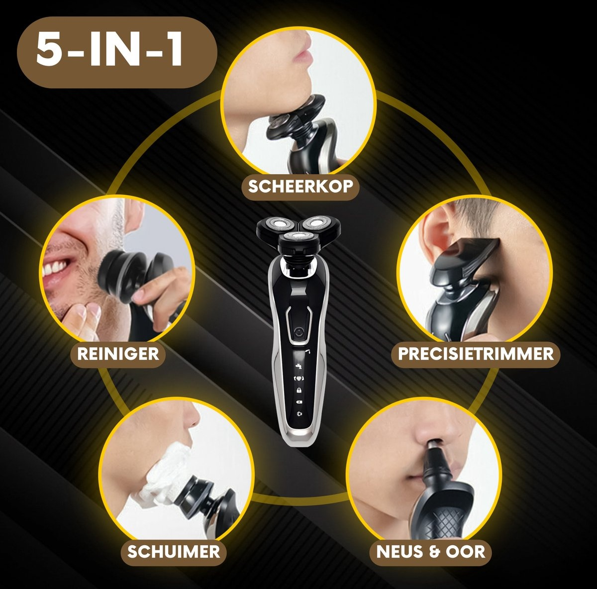 Ein 5-in-1 Elektrorasierer mit verschiedenen Aufsätzen und ein Mann beim Rasieren.
