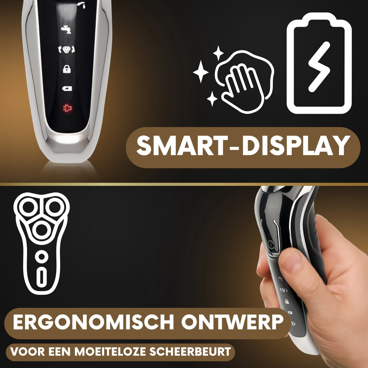 Elektrischer Rasierer mit Smart-Display, ergonomischem Design und einer Hand, die den Rasierer hält.