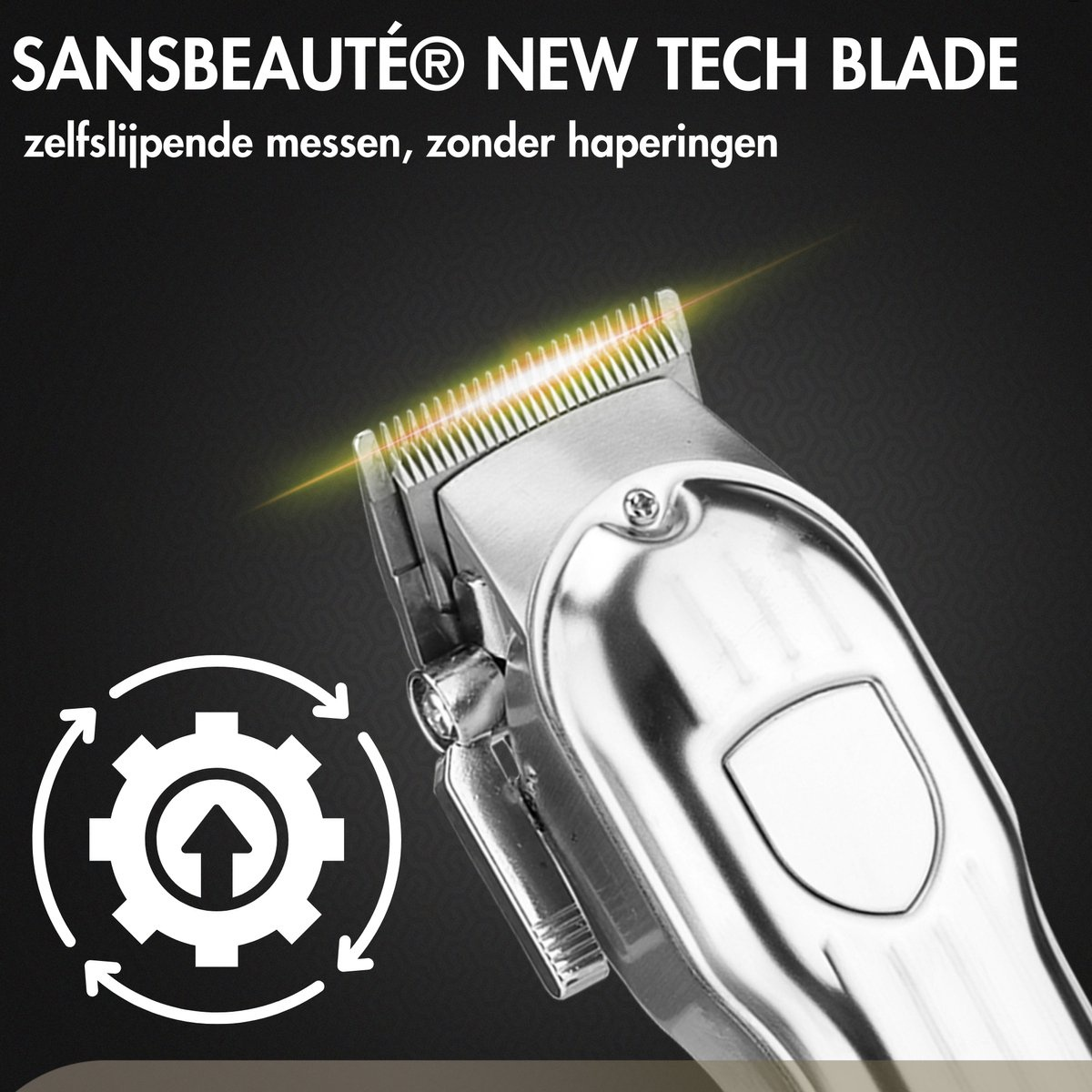 Een zilveren tondeusemes, de afbeelding richt zich op de tanden van het mes, met de tekst "SANSBEAUTÉ® NEW TECH BLADE".