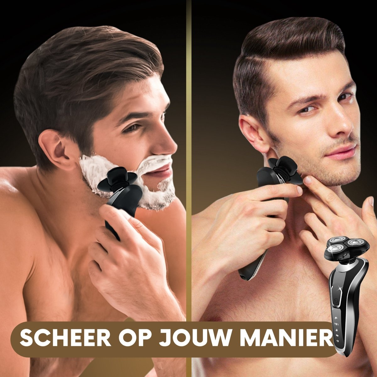 Zwei Männer rasieren sich. Einer rasiert sich mit Schaum, der andere mit einem elektrischen Rasierer. Text: 'Rasiere dich so'.